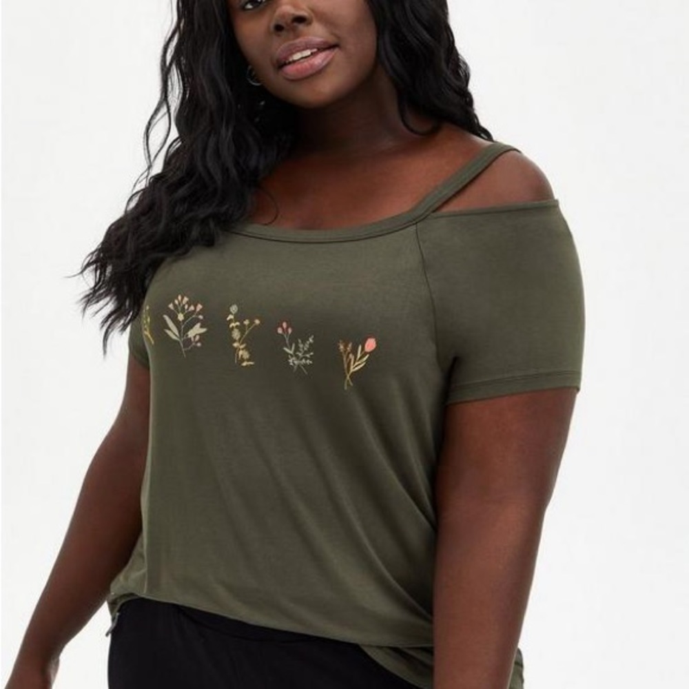 Super Soft Flowers Olive Green Cold Shoulder Top Size 3